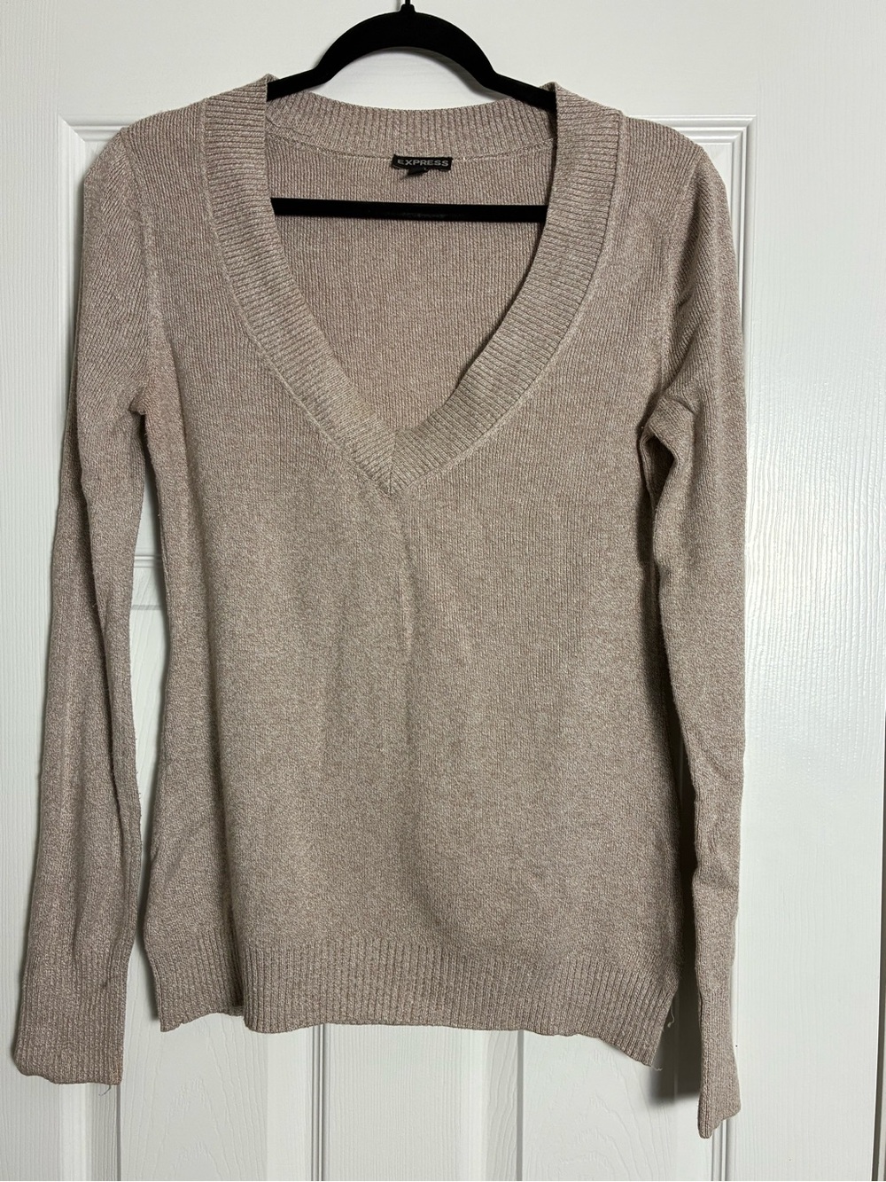 Express V-Neck Long Sleeve Sweater in Beige Taupe